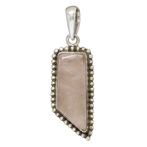 Pendant, rose quartz (natural) and antiqued sterling silver, 30x14mm beaded tooth. Sold individually. image number 0