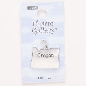 Charm, steel and enamel, pkg/1, silver finish and black, 24x18mm with "Oregon."