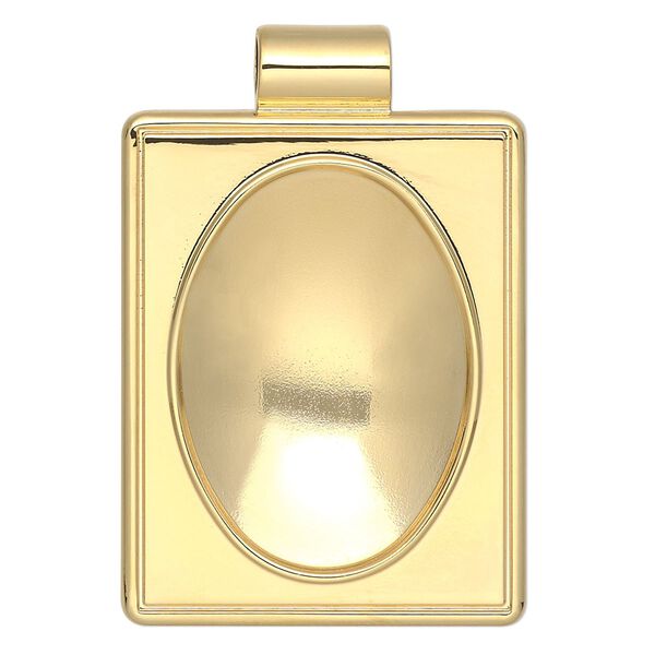 Pendant, Almost Instant Jewelry®, gold-plated "pewter" (zinc-based alloy), 45x30mm single-sided rectangle with 30x22mm oval setting and tube bail. Sold individually. image number 0