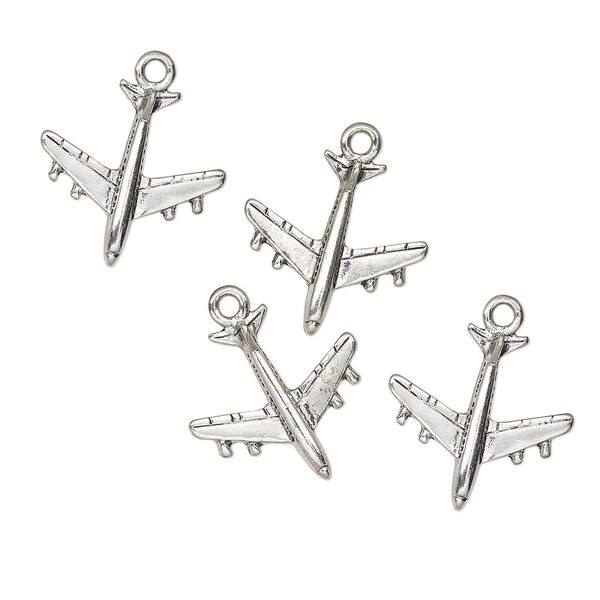 Charm, antique silver-finished "pewter" (zinc-based alloy), 18mm airplane. Sold per pkg of 4. image number 0