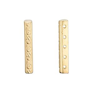 Spacer bar, JBB Findings, "vermeil," 26x3.5mm 5-strand filigree rectangle, 5mm hole to hole. Sold individually.