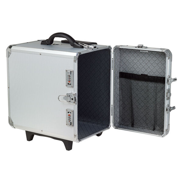Jewelry case, aluminum / steel / plastic / polyester / VELCRO&reg;, grey and black, 17-1/2 x 16 x 11 inches with diamond pattern and wheels. Sold individually. image number 3
