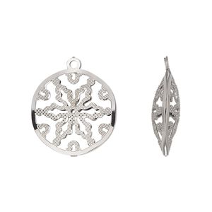 Drop, stainless steel, 18mm double-sided domed round with textured cut-out snowflake design. Sold per pkg of 6.