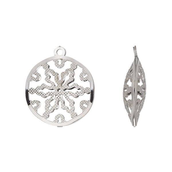 Drop, stainless steel, 18mm double-sided domed round with textured cut-out snowflake design. Sold per pkg of 6. image number 0