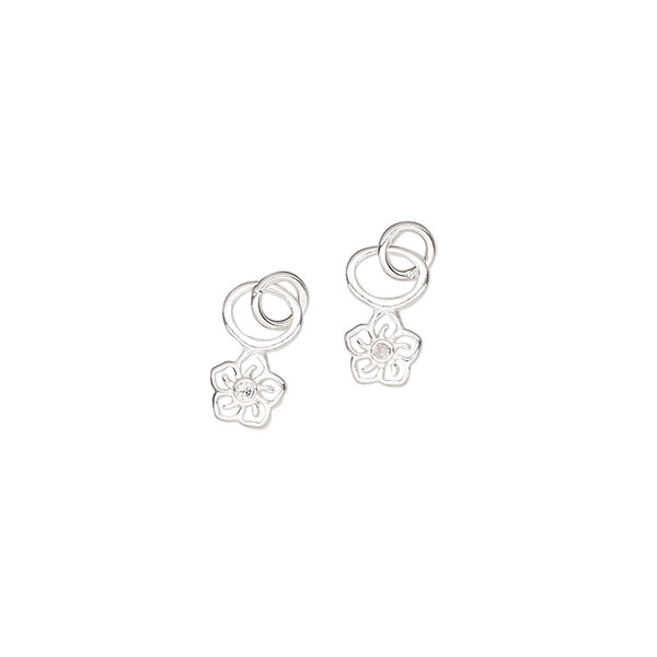 Charm, sterling silver and cubic zirconia, clear, 5mm single-sided cutout flower with 4mm closed round loop. Sold per pkg of 2. image number 0