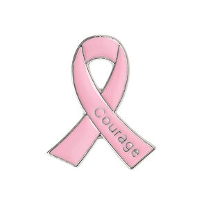 Spot pin 1pkg1, imitation rhodium-plated "pewter" (zinc alloy) / enamel, pink, 28x24mm awareness ribbon