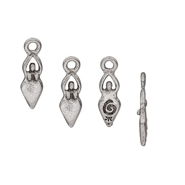 Charm, antiqued pewter (tin-based alloy), 13x5mm goddess. Sold per pkg of 4. image number 0
