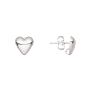 Earstud 1pkg10 silver-plated, 9mm half-dome heart / hidden open loop / earnuts, brass 5 pair