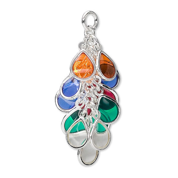 Focal, epoxy and silver-plated brass, multicolored, 32x16mm teardrop cluster. Sold per pkg of 4. image number 0