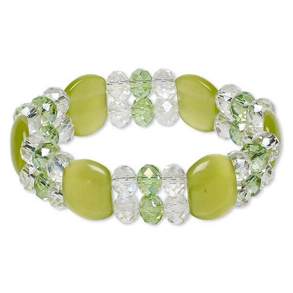 Bracelet, stretch, glass and cat's eye glass (fiber optic glass), green / clear AB / lime green, 17mm wide with oval, 7 inches. Sold individually. image number 0
