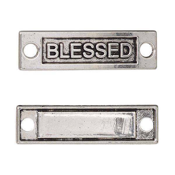 Link, antique silver-finished "pewter" (zinc-based alloy), 36x10mm single-sided curved flat rectangle with "BLESSED." Sold per pkg of 2. image number 0