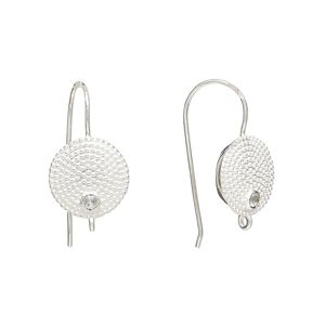 Sterling silver / white topaz 1pkg2, textured flat round ear wire natural, fishhook / closed loop 22 gauge 20mm / 11mm