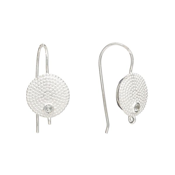 Sterling silver / white topaz 1pkg2, textured flat round ear wire natural, fishhook / closed loop 22 gauge 20mm / 11mm image number 0