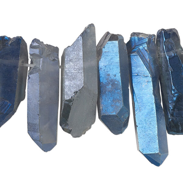 Bead, quartz crystal (coated), iolite blue, 15x4mm-34x12mm hand-cut top-drilled point, B grade, Mohs hardness 7. Sold per 4-inch strand, approximately 10-15 beads. image number 0