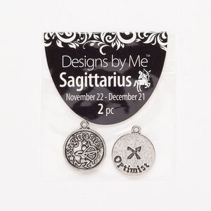 "Pewter" (zinc-based alloy) / enamel 1pkg2, 2-sided round charm / Sagittarius / "Optimist" antique silver-finish / black 17mm