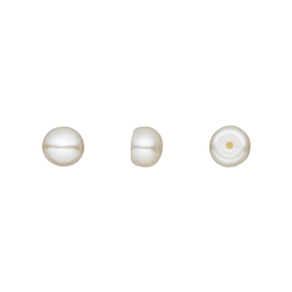 Pearl, cultured freshwater (bleached), white, 5.5-7mm half-drilled button, A- grade, Mohs hardness 2-1/2 to 4. Sold per pkg of 2. image number 0