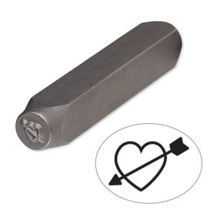 Stamp punch, tempered chrome vanadium steel, 6x4mm heart with arrow, 2-3/4 x 3/8 inches. Sold individually.