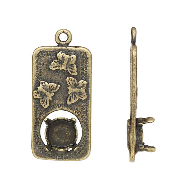 Drop, JBB Findings, antique brass-plated pewter (tin-based alloy), 27x14mm single-sided rectangle with butterfly design and SS39 chaton or rivoli 4-prong setting. Sold individually. image number 0