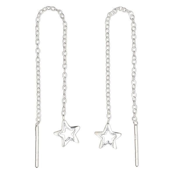 Ear thread, sterling silver, 2-3/4 inch cable chain with 6.5x6.5mm open star. Sold per pair. image number 0