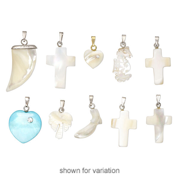 Pendant mix, mother-of-pearl shell (natural / bleached / dyed) / glass rhinestone / silver-finished steel / "pewter" (zinc-based alloy), 17x13mm-20x20mm mixed shape. Sold per pkg of 10. image number 1