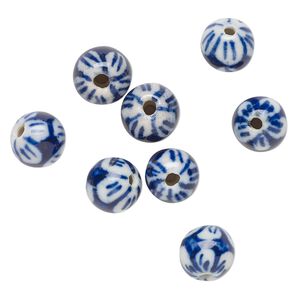 Bead, porcelain, blue and white, 10mm round with flower design. Sold per pkg of 8.