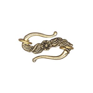 Clasp S-hook 1pkg1 gold-plated pewter (tin alloy), 24x14mm / 8mm 18 gauge jump ring, antique 1-strand