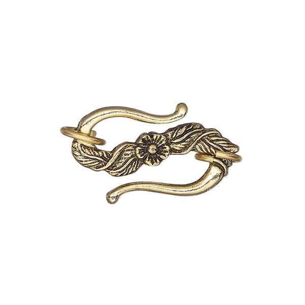 Clasp, S-hook, antique gold-plated pewter (tin-based alloy), 24x14mm with floral design and (2) 8.5mm jump rings. Sold individually. image number 0