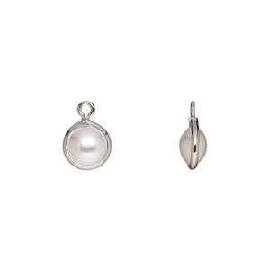 Drop, acrylic pearl and imitation rhodium-finished brass, opaque cream, 8mm double-sided round. Sold per pkg of 10.