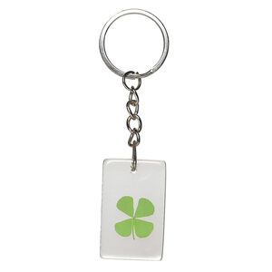 Key ring, resin / 4-leaf clover / nickel-plated steel, clear and green, 39x24mm rectangle. Sold per pkg of 5.