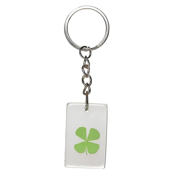 Key ring, resin / 4-leaf clover / nickel-plated steel, clear and green, 39x24mm rectangle. Sold per pkg of 5. image number 0
