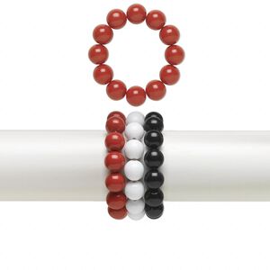 Bracelet, stretch, resin and acrylic, opaque red / white / black, 14mm round, 6 inches. Sold per pkg of 3.