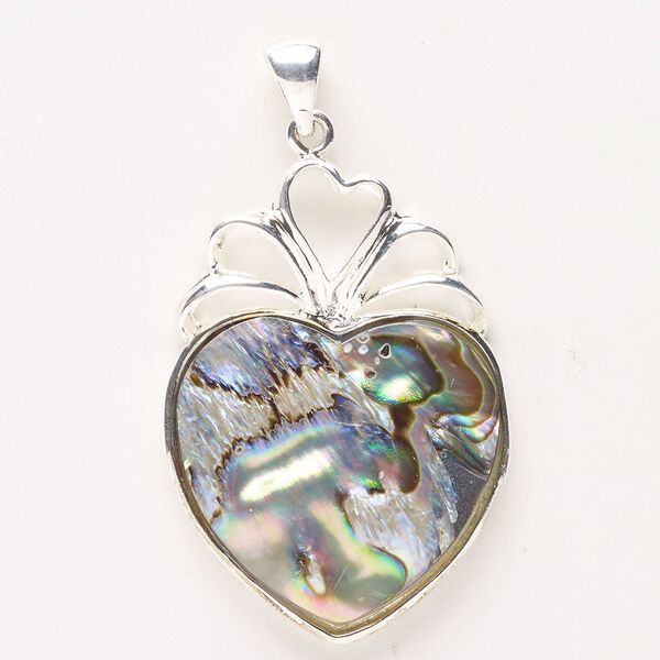 Pendant, silver-finished "pewter" (zinc-based alloy) / brass / paua shell (natural), 45x33mm heart. Sold individually. image number 0