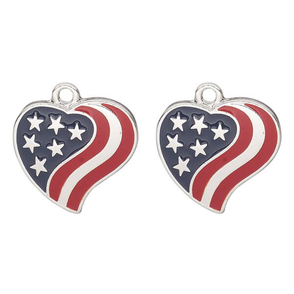 Charm, antique silver finish "pewter" (zinc-based alloy) and enamel, blue and red, 19x18mm American flag heart. Sold per pkg of 2. image number 0