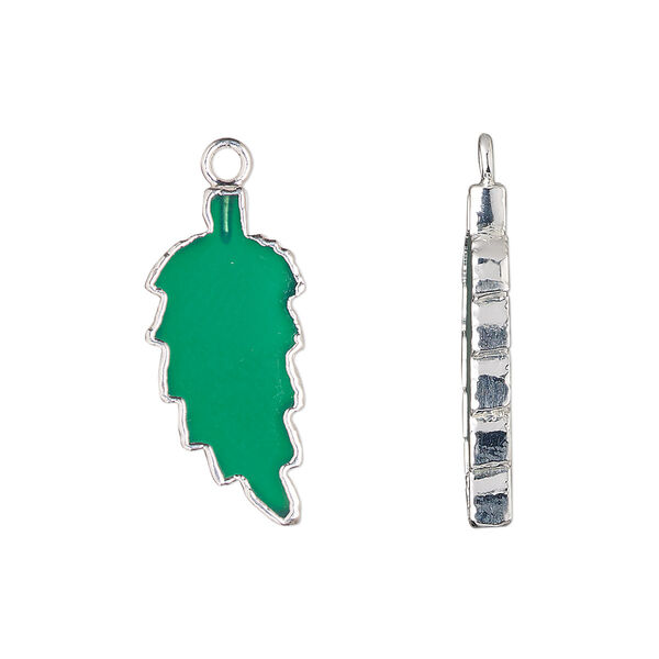 Drop, sterling silver and green onyx (natural), 23x10mm hand-cut double-sided flat feather, Mohs hardness 6-1/2 to 7. Sold individually. image number 0