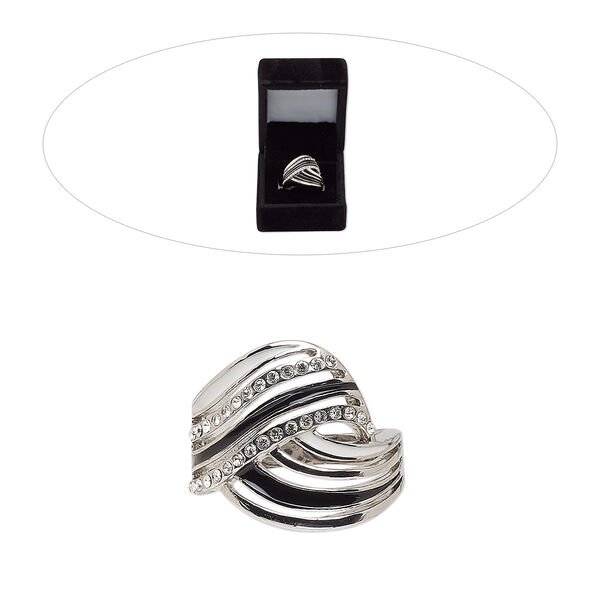Ring, cubic zirconia / enamel / rhodium-finished brass, clear / white / black, 19.5mm wide with overlay knot, size 8. Sold individually. image number 0