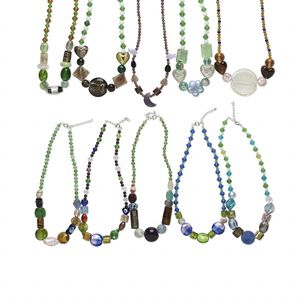 Necklace mix, pressed / lampworked / dichroic glass / imitation rhodium-finished brass, mixed colors, 23x16mm-40x40mm mixed shape, 16 inches with 1-1/4 inch extender chain. Sold per pkg of 5.