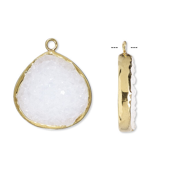 Drop, white druzy agate (natural) and gold-finished sterling silver, 20x20mm single-sided teardrop. Sold per pkg of 2. image number 0