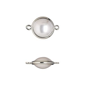 Link, acrylic pearl and imitation rhodium-finished brass, opaque cream, 11.5mm double-sided round. Sold per pkg of 10.