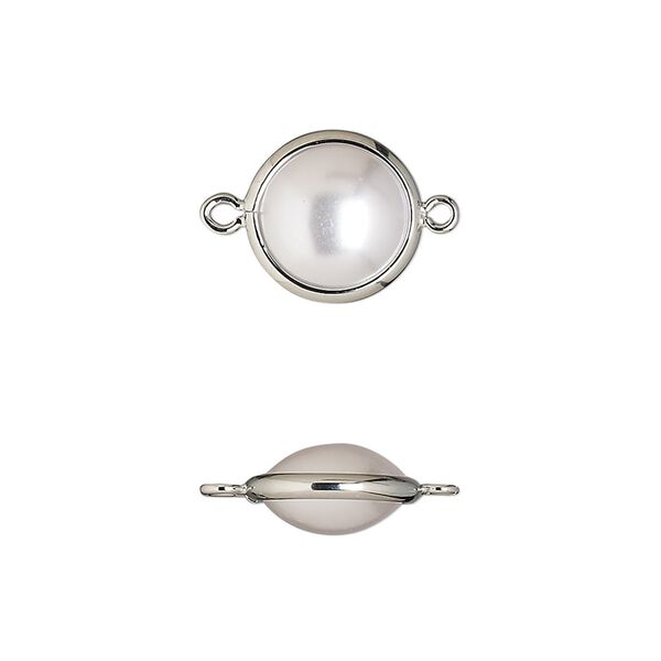 Link, acrylic pearl and imitation rhodium-finished brass, opaque cream, 11.5mm double-sided round. Sold per pkg of 10. image number 0