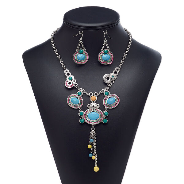 Necklace and earring set, acrylic rhinestone / acrylic / antique silver-plated brass / steel / "pewter" (zinc-based alloy), multicolored, 2-3/4 inch dangle, 18-inch necklace with 3-inch extender chain and lobster claw clasp, 48mm earrings with fishhook ear wire. Sold per set. image number 0