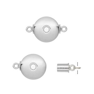 Clasp magnetic 1pkg1 silver-plated, 12mm flat round, brass / clear cubic zirconia 1-strand