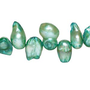 Pearl, cultured freshwater (dyed), teal green, 9x6mm-16x10mm baroque with 0.4mm hole, D grade, Mohs hardness 2-1/2 to 4. Sold per 15-inch strand.