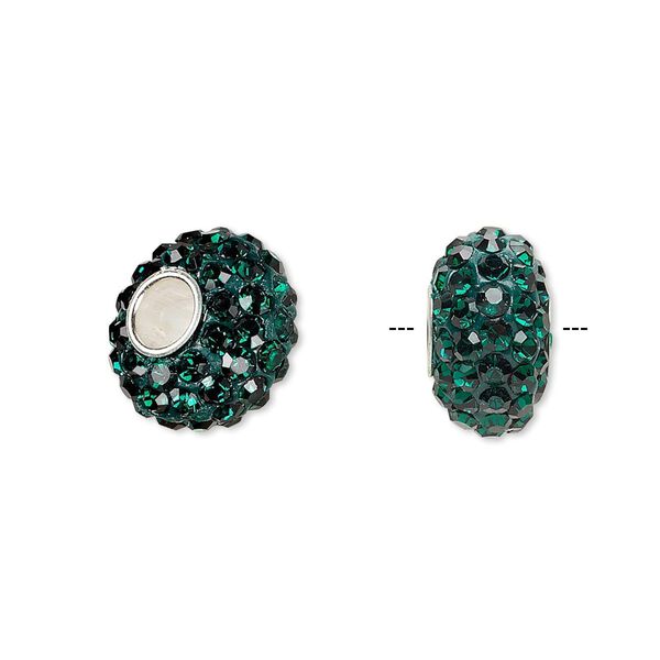 Bead, Dione®, Czech glass rhinestone / epoxy / sterling silver grommets, green, 14x8mm rondelle, 4.5mm hole. Sold individually. image number 0