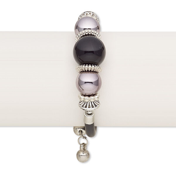 Bracelet, wrap, acrylic / imitation leather / silver-finished steel / silver- / gunmetal-coated plastic, black, 18mm wide, adjustable from 6-1/2 to 8 inches. Sold individually. image number 0