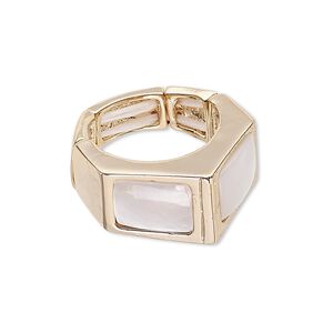 Ring, stretch, mother-of-pearl shell (bleached) and gold-finished "pewter" (zinc-based alloy), white, 12mm wide with square, size 6 to 6-1/2. Sold individually.