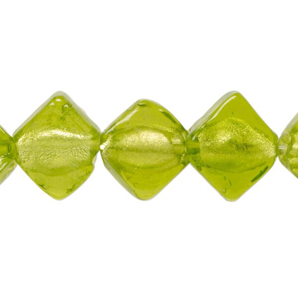 Bead, glass, translucent green, 16x13mm flat diamond with silver-colored glitter. Sold per 8-inch strand, approximately 10 beads. image number 0