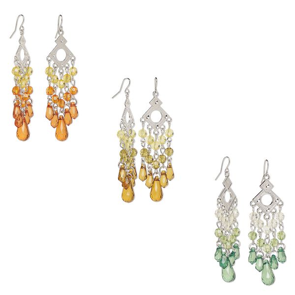 Earring, imitation rhodium-plated steel / brass / acrylic, assorted colors, 3-3/4 inch open diamond with fishhook ear wire. Sold per pkg of 3 pairs. image number 0