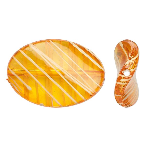 Bead, acrylic, semitransparent orange and white, 35x25mm twisted flat oval with painted line design. Sold per pkg of 28. image number 0