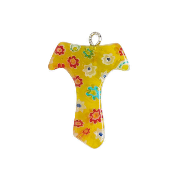 Component 1pkg1, silver-finished steel / millefiori glass, translucent yellow-orange / multicolored, 25x19mm-28x20mm letter "T". image number 0