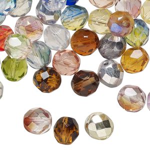 Bead, Czech fire-polished glass, mixed colors, 6-8mm faceted round. Sold per 4-ounce pkg, approximately 190 beads.